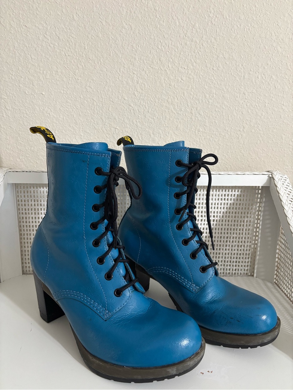 RARE Dr. Martens “Darcie” Blue Floral Embossed Lace-Up Heeled Boots - Sz 10